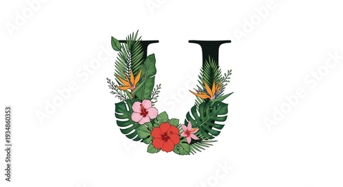 Decorative uppercase letter U embellished with vibrant tropical flowers like hibiscus, bird of paradise, and monstera leaves.