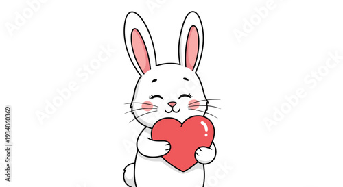Sweet cartoon illustration of a white rabbit with pink ears holding a large red heart with a happy expression.
