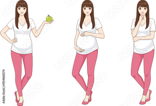 Pregnant woman showing healthy lifestyle poses with apple, maternity and prenatal care illustration isolated on white background design