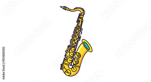 Detailed vector illustration of a yellow tenor saxophone musical instrument with intricate keys and a blue interior bell.