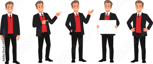 Professional businessman presenting with blank sign board, corporate spokesperson character illustration isolated on white background design