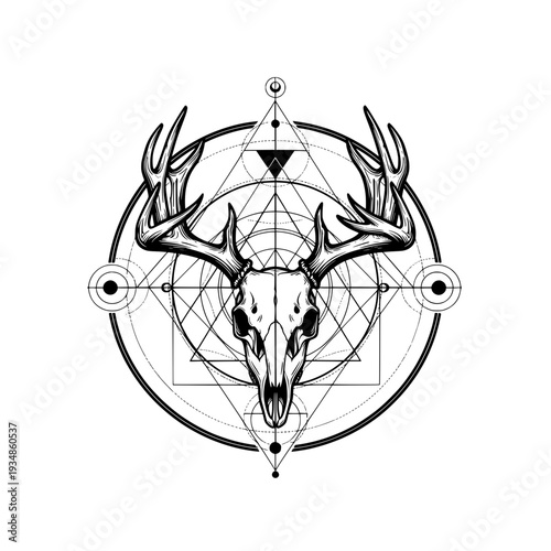 Deer skull silhouette, tattoo, geometric, mandala, black and white