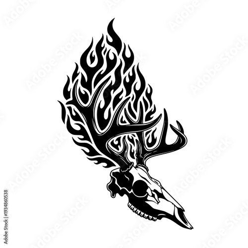 Deer skull silhouette, tattoo, geometric, mandala, black and white