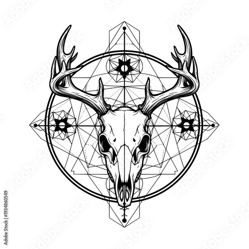 Deer skull silhouette, tattoo, geometric, mandala, black and white