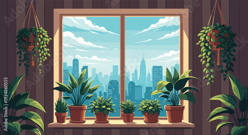 Cozy pixel art interior of a wooden room filled with potted plants on a windowsill looking out at a blue city skyline.