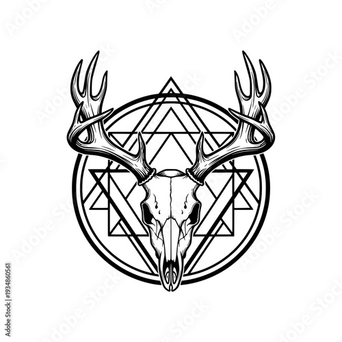 Deer skull silhouette, tattoo, geometric, mandala, black and white