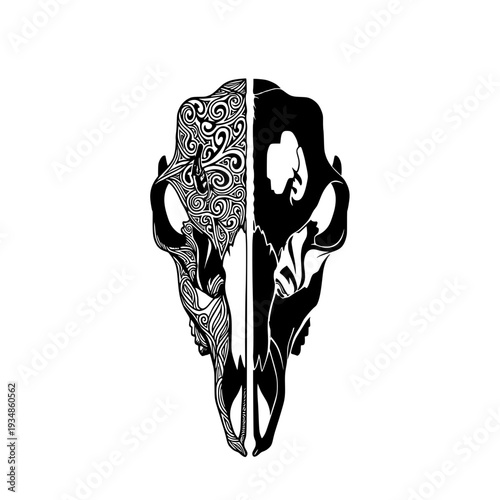 Deer skull silhouette, tattoo, geometric, mandala, black and white