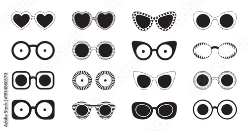 Collection of different stylish sunglasses and eyeglasses frames for women and men isolated on white