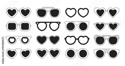 Heart shaped sunglasses collection, fashion accessory icons, stylish eyewear for summer vacation, vector set