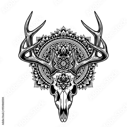Deer skull silhouette, tattoo, geometric, mandala, black and white
