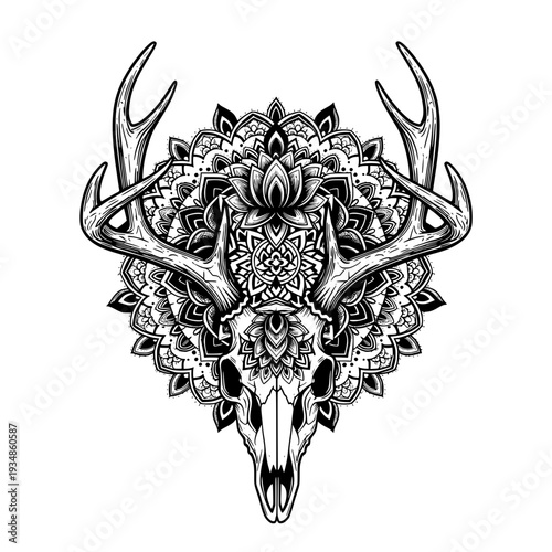 Deer skull silhouette, tattoo, geometric, mandala, black and white