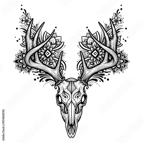 Deer skull silhouette, tattoo, geometric, mandala, black and white