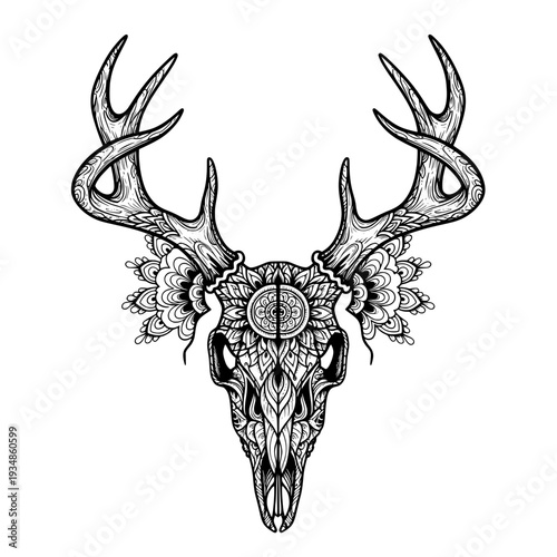 Deer skull silhouette, tattoo, geometric, mandala, black and white