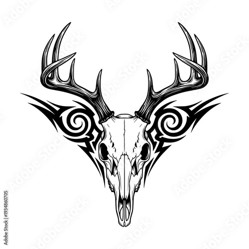Deer skull silhouette, tattoo, geometric, mandala, black and white
