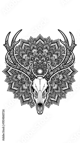 Deer skull silhouette, tattoo, geometric, mandala, black and white