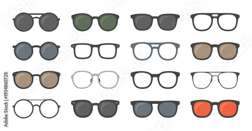 Various eyeglasses frames and sunglasses styles in different colors and shapes isolated on white background