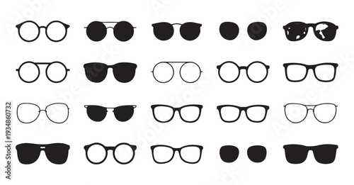 Group of various sunglasses and eyeglasses icons, simple flat design and outlines isolated on white