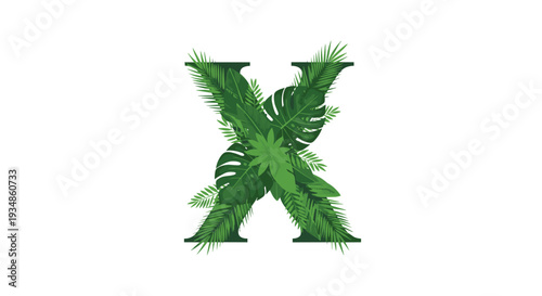 Bold capital letter X artistically integrated with a dense variety of tropical green palm and monstera leaves for a natural look.