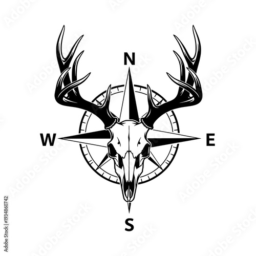 Deer skull silhouette, tattoo, geometric, mandala, black and white