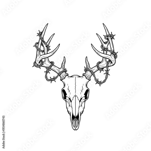 Deer skull silhouette, tattoo, geometric, mandala, black and white