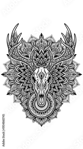 Deer skull silhouette, tattoo, geometric, mandala, black and white