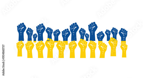 Powerful graphic of numerous raised fists in the blue and yellow colors of the Ukraine national flag as a symbol of support.