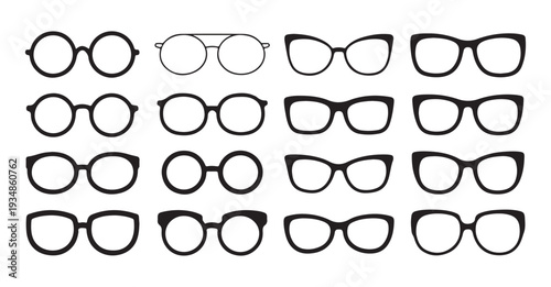 Set of black glasses silhouettes with different frames for eyes correction and stylish accessory designs