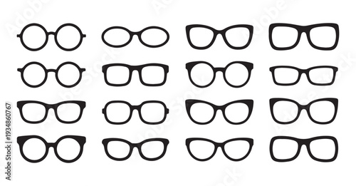 Different types of eyeglasses frames silhouette set for vision care and trendy fashion look illustrations