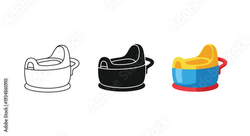 Collection of three vector graphic illustrations depicting a child's colorful plastic potty training seat in various styles