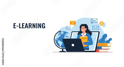 E-learning concept illustration with a young woman holding a book and working on a laptop surrounded by educational icons.