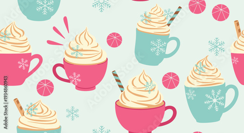 Seamless pattern of cozy mugs filled with hot cocoa and whipped cream decorated with small snowflakes on a light blue base.