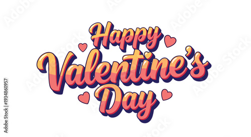 Happy valentine's day decorative text in pink and yellow gradients surrounded by small hearts on a plain white background.