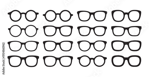 Eyewear frame silhouettes for optics shop display featuring various modern and vintage style glasses set