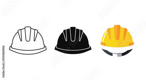 Collection of three distinct construction hard hat icons showcasing outline solid and colored graphic vector styles for safety concepts