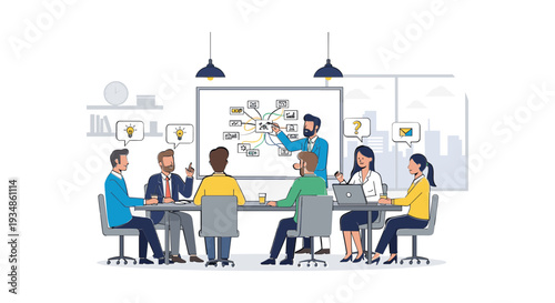 Business Team Meeting with Whiteboard Presentation.