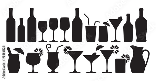 Set of various glassware, bottles, and drink silhouettes with garnishes, refreshing beverages collection