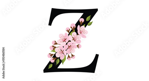 Alphabet letter Z elegantly decorated with pink cherry blossoms and green leaves for a floral monogram branding design.