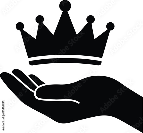 Hand holding a crown silhouette icon, symbol of leadership and success