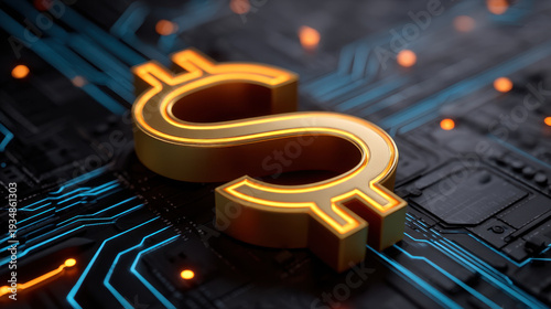 Wallpaper Mural Glowing golden holographic dollar sign rests on dark electronic circuit board with blue conductive traces and orange light points evoking digital finance and technology Torontodigital.ca