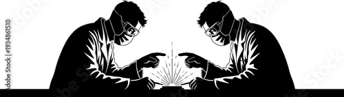 Scientists working silhouette illustration, laboratory researchers experimenting with technology and chemistry, scientific discovery teamwork concept, innovation research, vector artwork design