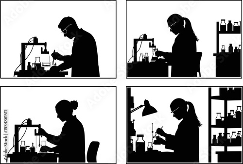 Scientists working in modern laboratory, chemistry research concept, medical experiment, silhouette illustration of laboratory technicians with equipment, flasks, and scientific instruments