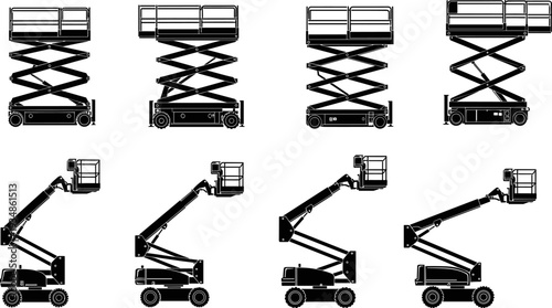 Scissor and aerial lift silhouettes for industrial construction use, mobile work platforms vector illustration isolated on white background, safety equipment design set