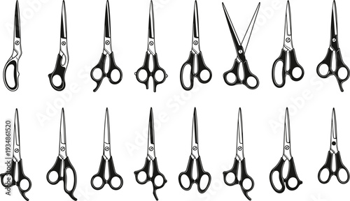 Scissors silhouette vector set, multiple cutting tools illustrations, black and white office and craft equipment collection for design, printing, icons