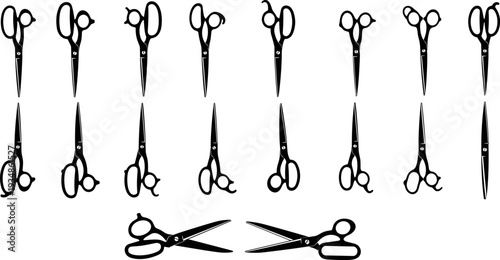 Scissors silhouette icon set, black sewing and haircut tools collection with various blade shapes, craft tailoring symbols, clean flat vector illustration isolated on white background