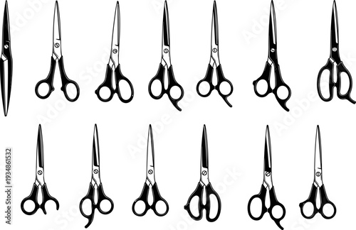 Scissors silhouettes vector set, hairdressing tailoring tools illustration, black cutting shears collection for barber, sewing, craft, stationery, and design projects