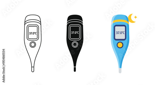 Collection of three distinct digital thermometer vector illustrations showing a normal body temperature reading of thirty-seven degrees celsius