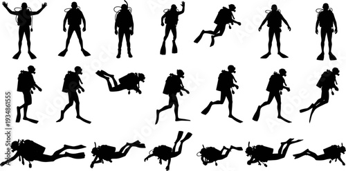 Scuba diver silhouette action collection with swimming floating and underwater poses, professional diving sport vector illustration isolated on white background