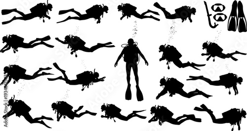 Scuba diver silhouettes vector set, underwater swimming and diving poses illustration, black monochrome scuba diving people collection with equipment for ocean, sport, and design use