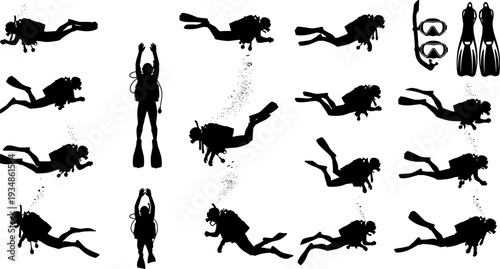 Scuba diver silhouettes set, underwater diving poses equipment and swimmer action vector illustration, isolated black scuba diving figures collection for ocean, adventure design projects