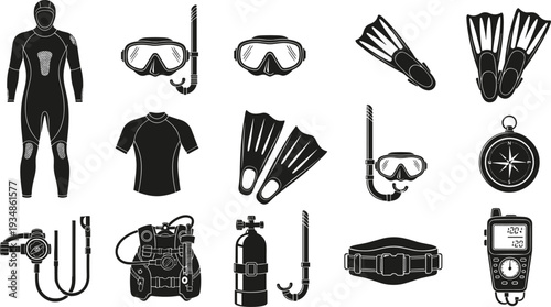 Scuba diving gear silhouettes collection, wetsuits masks fins and tanks, professional underwater equipment icons, black vector illustration set for ocean adventure, sport, safety design